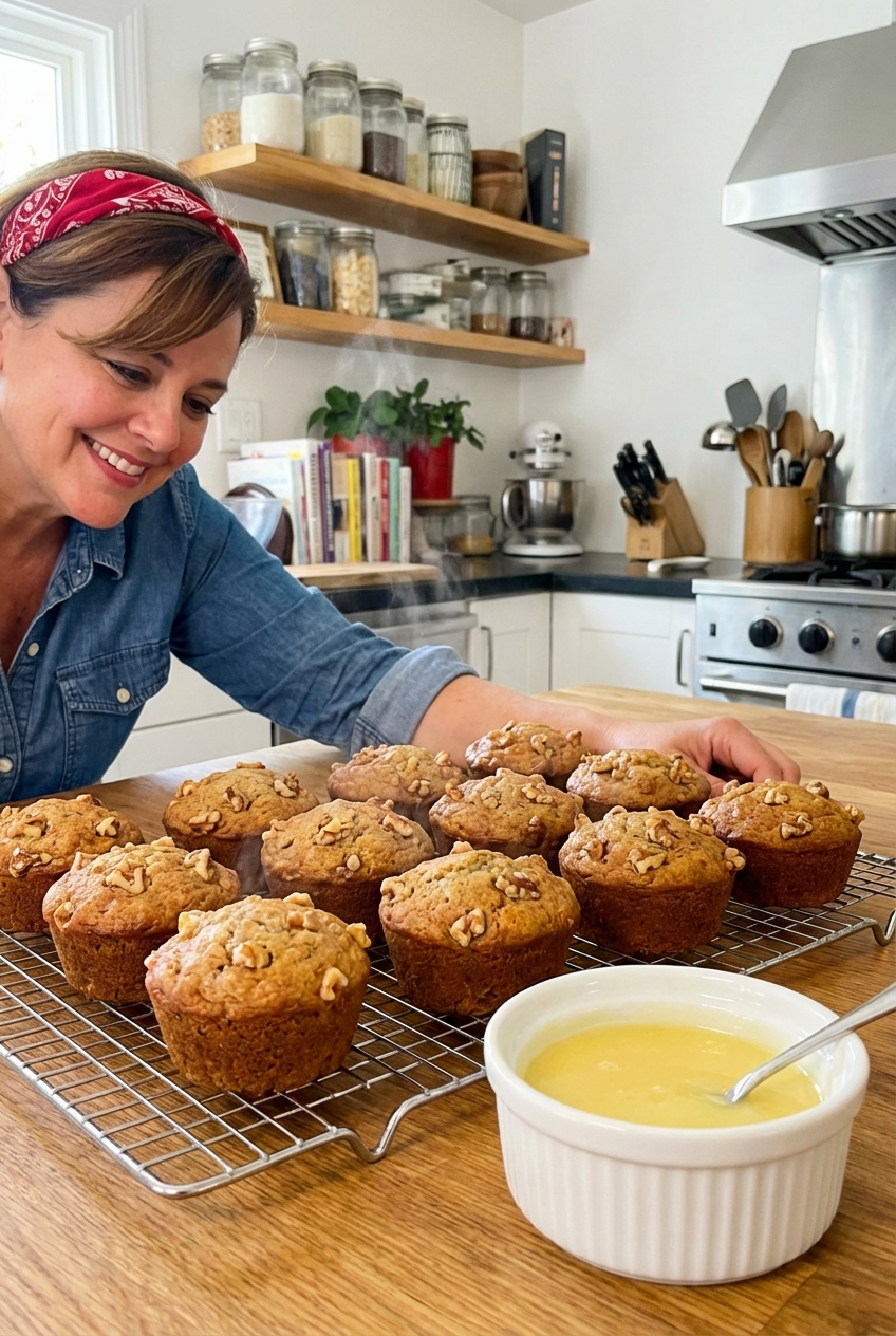 A wire rack with banana bread muffins cooling while a small bowl of lemon glaze sits nearby