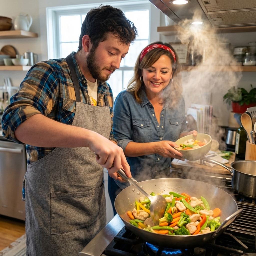 A wok on a stovetop with chicken and mixed vegetables being stir-fried with steam rising