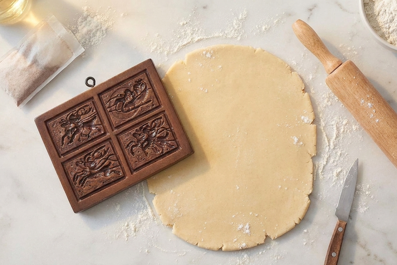 A wooden Springerle cookie mold resting on a floured kitchen counter beside rolled cookie dough