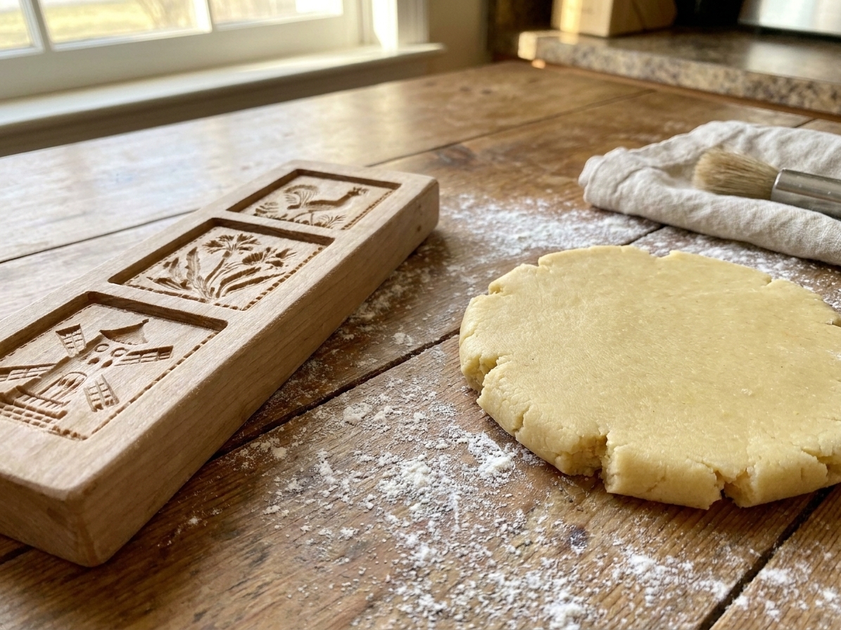 A wooden Springerle cookie mold with a detailed carved pattern resting beside rolled cookie dough on a lightly powdered countertop