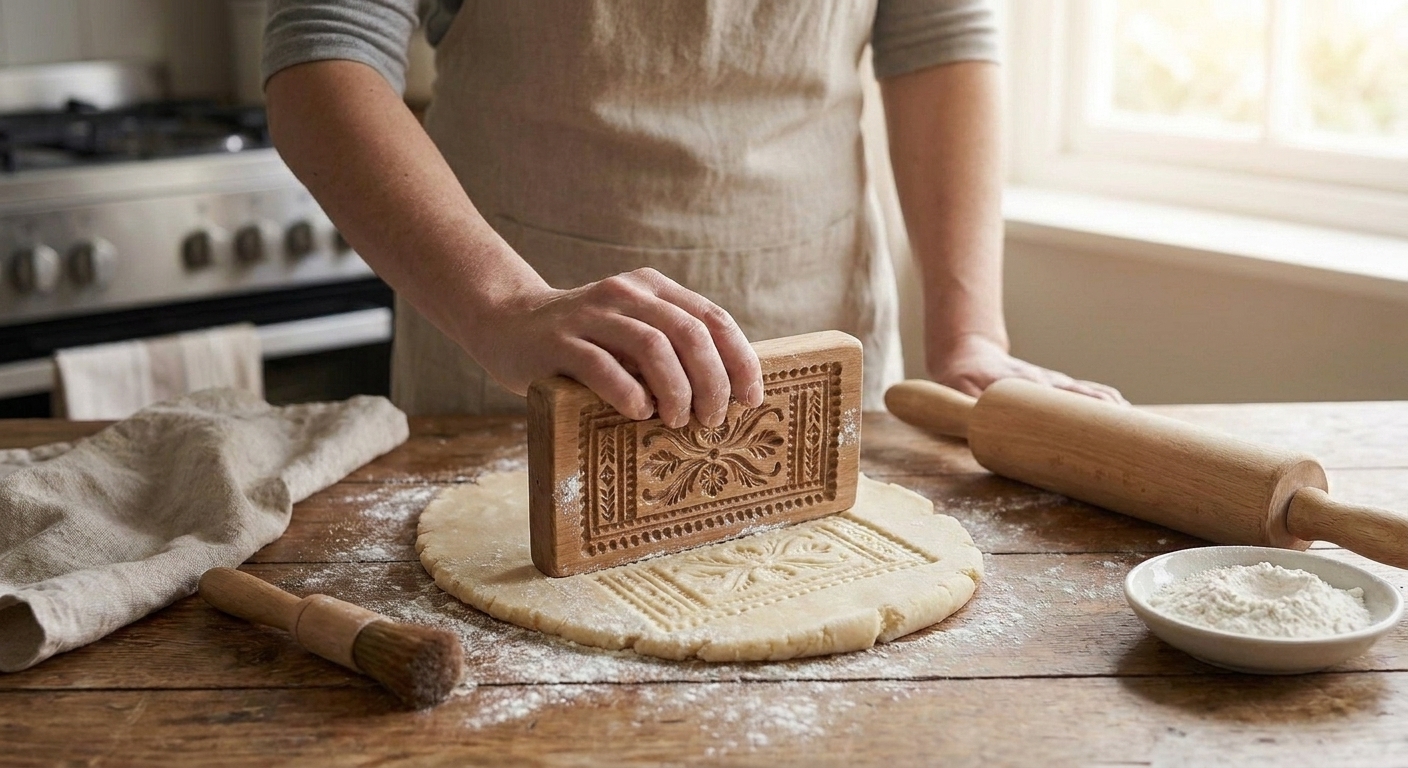 A wooden Springerle mold being pressed into rolled cookie dough, leaving a crisp detailed pattern