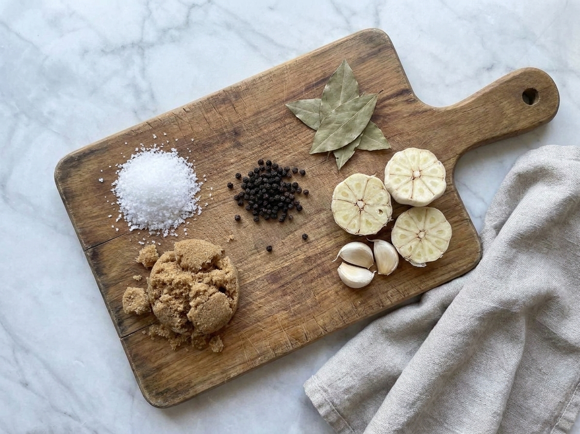 A wooden board on a kitchen counter holding kosher salt, brown sugar, peppercorns, bay leaves, and halved garlic for turkey brine