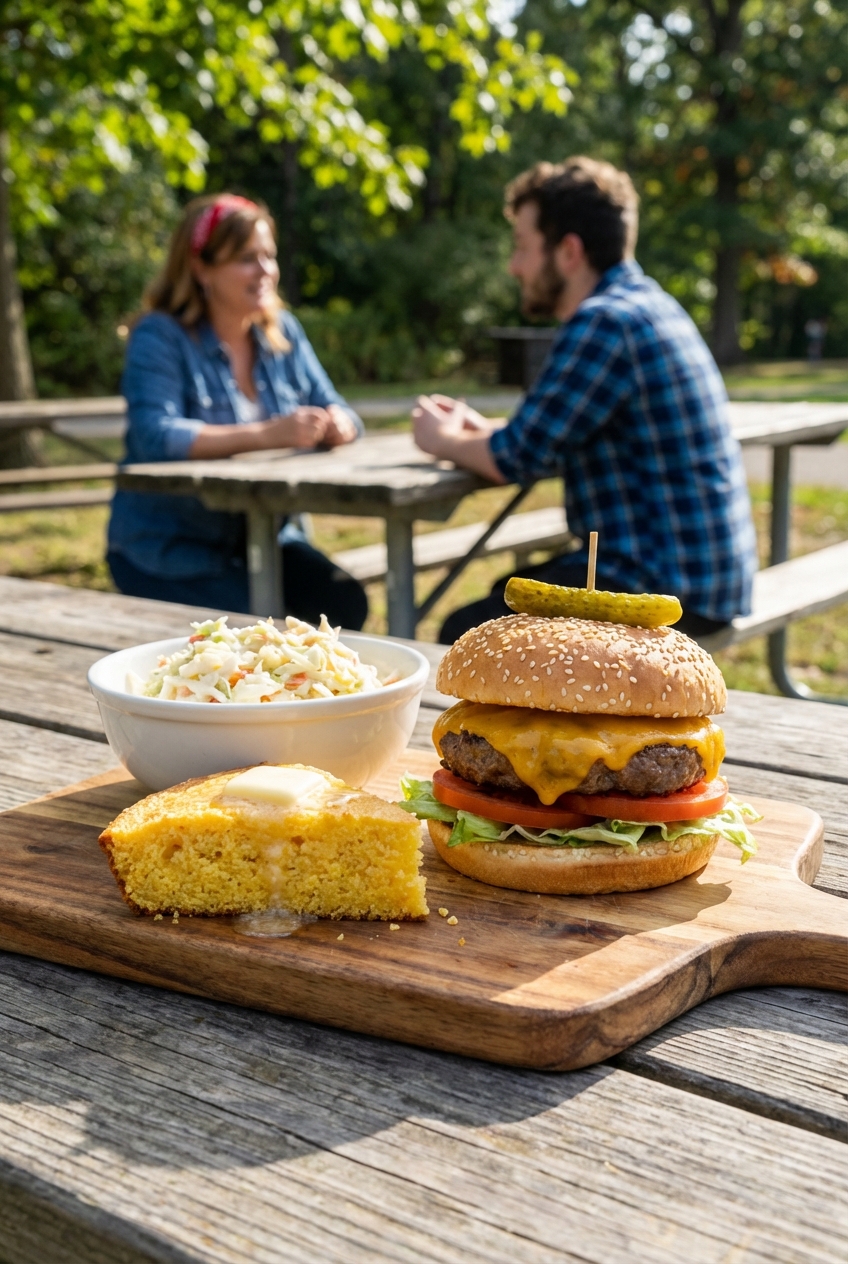 A wooden board with a cheeseburger, a slice of golden skillet cornbread with butter melting on top, and a bowl of creamy coleslaw on a picnic table
