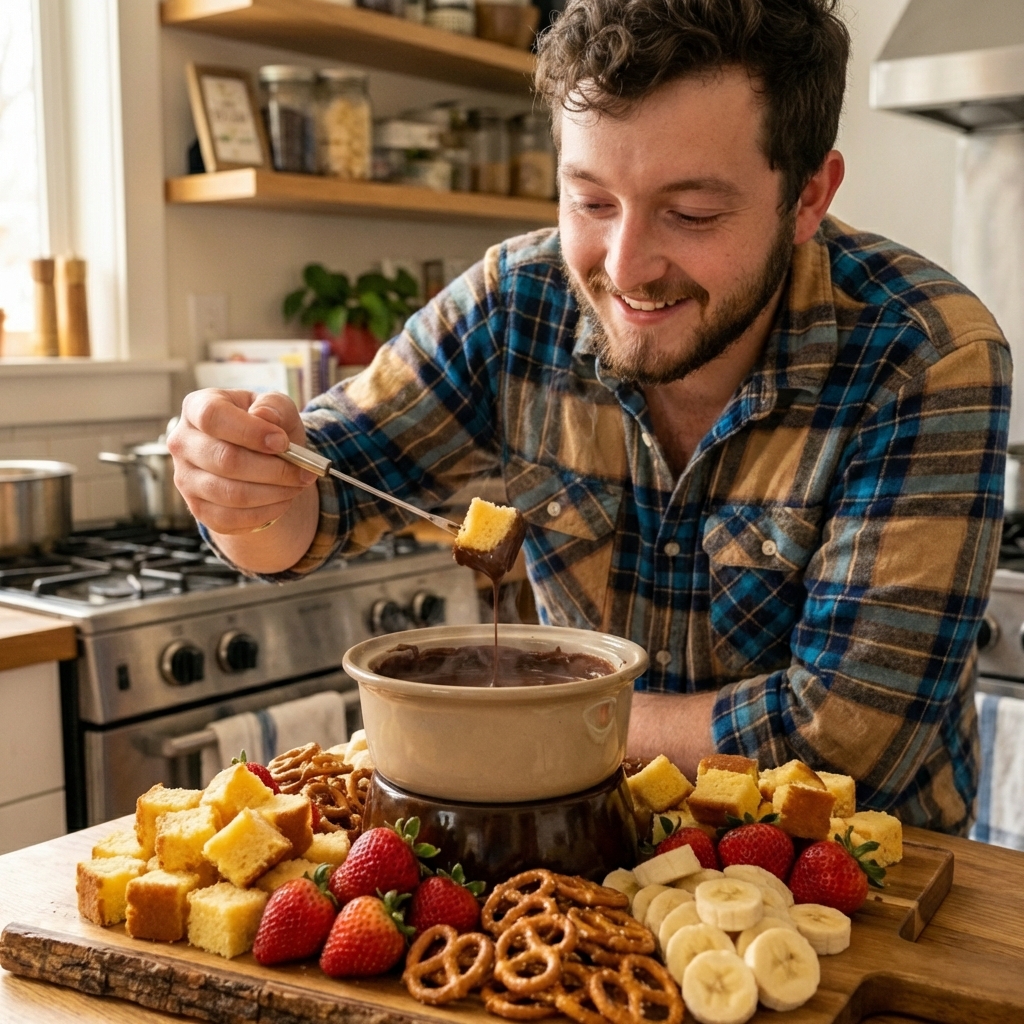 A wooden board with bite-sized pound cake cubes, strawberries, pretzels, and banana slices arranged around a bowl of chocolate fondue