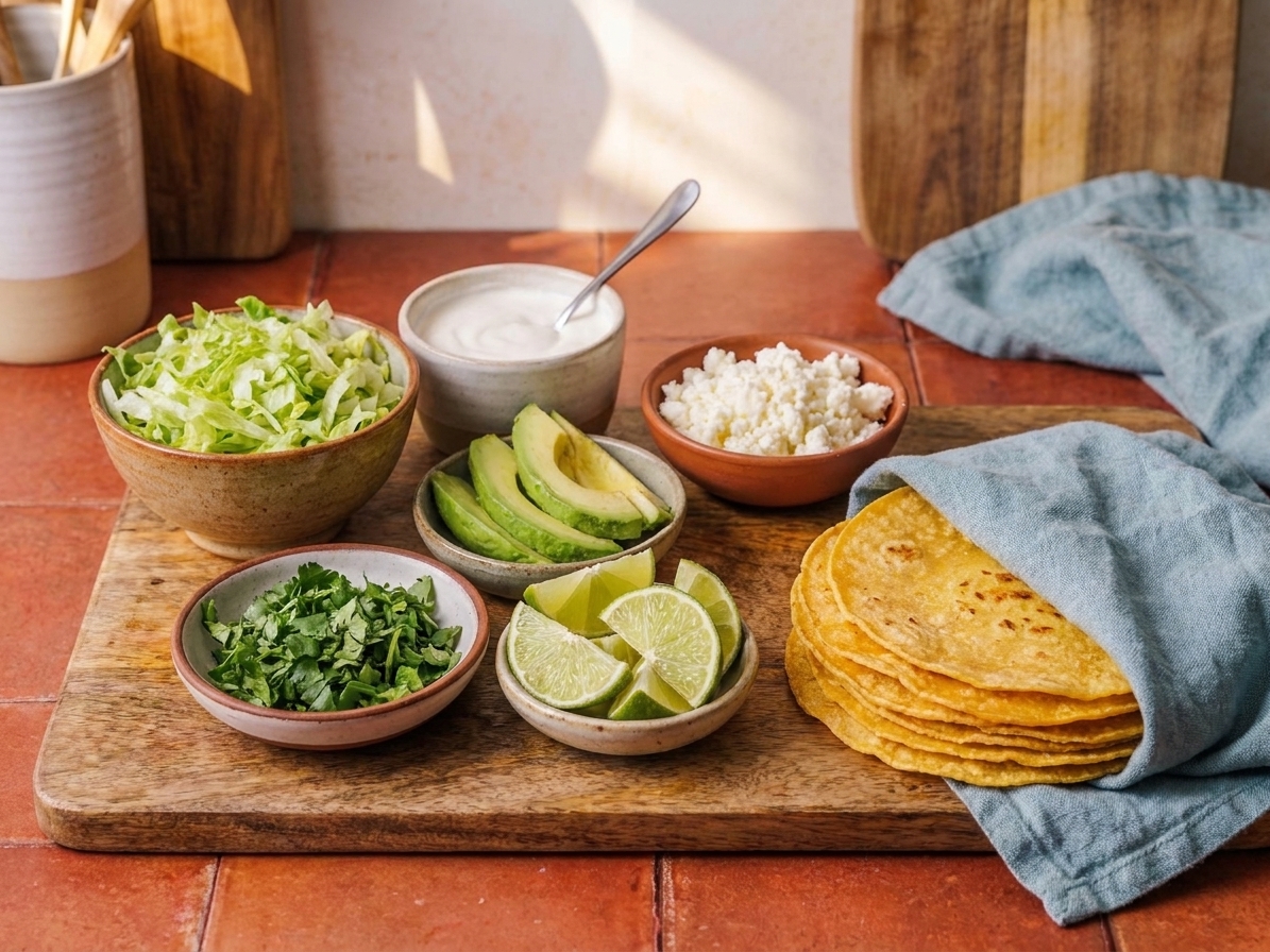 A wooden board with bowls of shredded lettuce, crema, crumbled queso fresco, sliced avocado, chopped cilantro, and lime wedges next to warm tortillas