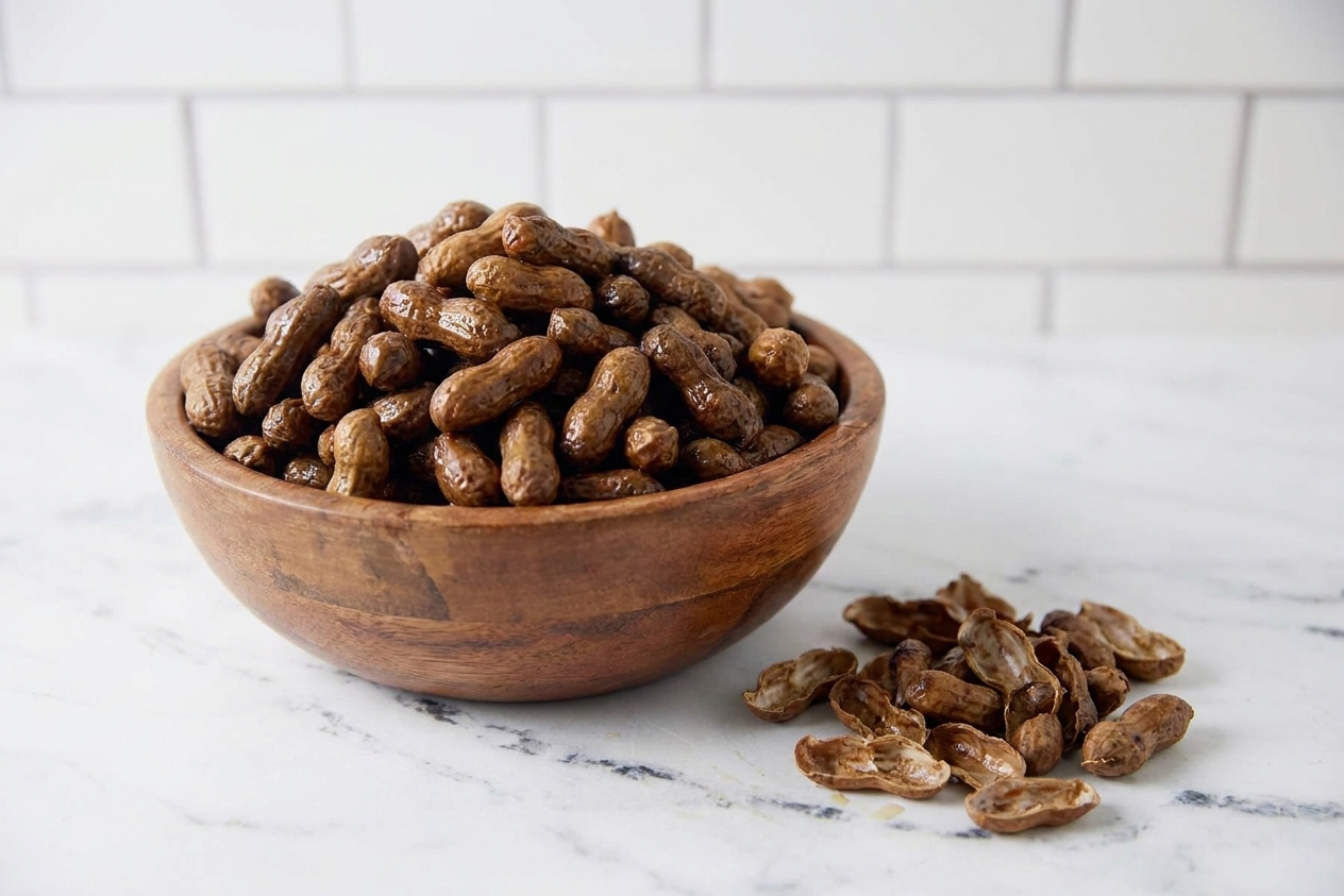 A wooden bowl filled with glossy, briny cooked peanuts in the shell on a kitchen table with a small pile of shells nearby