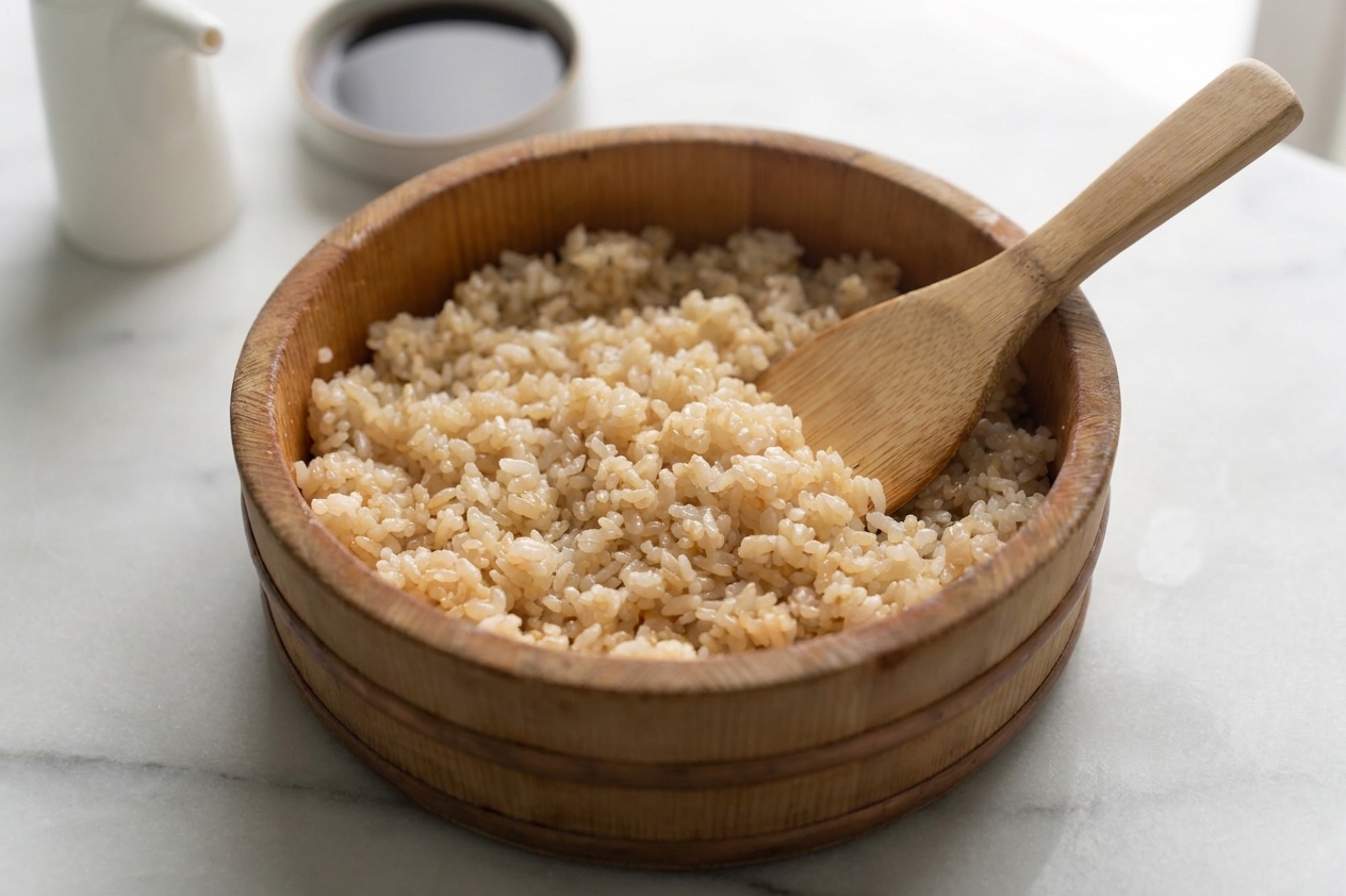 A wooden bowl filled with glossy seasoned sushi rice with a rice paddle resting on the side on a kitchen counter