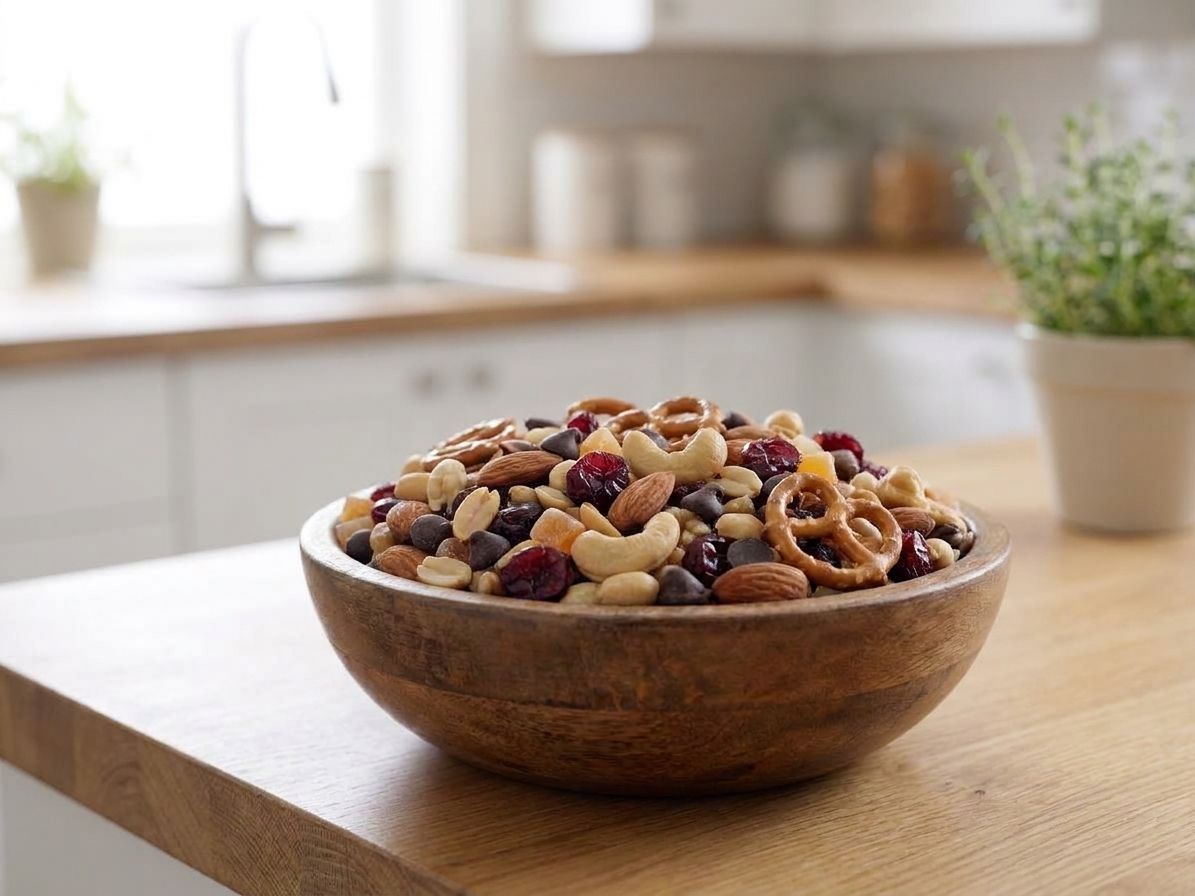 A wooden bowl filled with homemade trail mix including almonds, cashews, peanuts, dried cranberries, chocolate chips, and pretzel twists on a light kitchen counter in natural window light