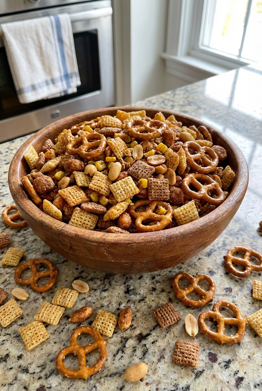 A wooden bowl of sweet and spicy Chex mix on a kitchen counter with scattered pretzels and cereal pieces