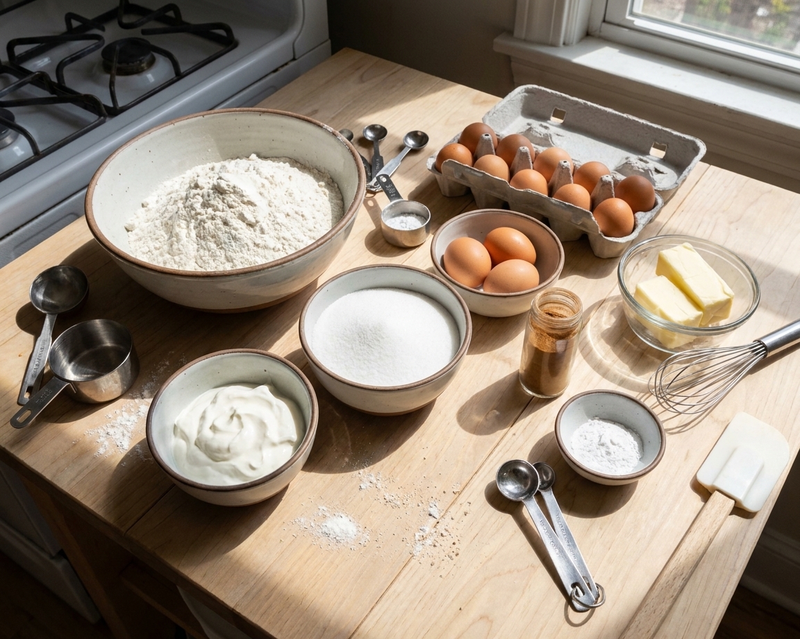 A wooden counter with bowls of flour, sugar, sour cream, eggs, butter, cinnamon, and baking powder laid out for baking