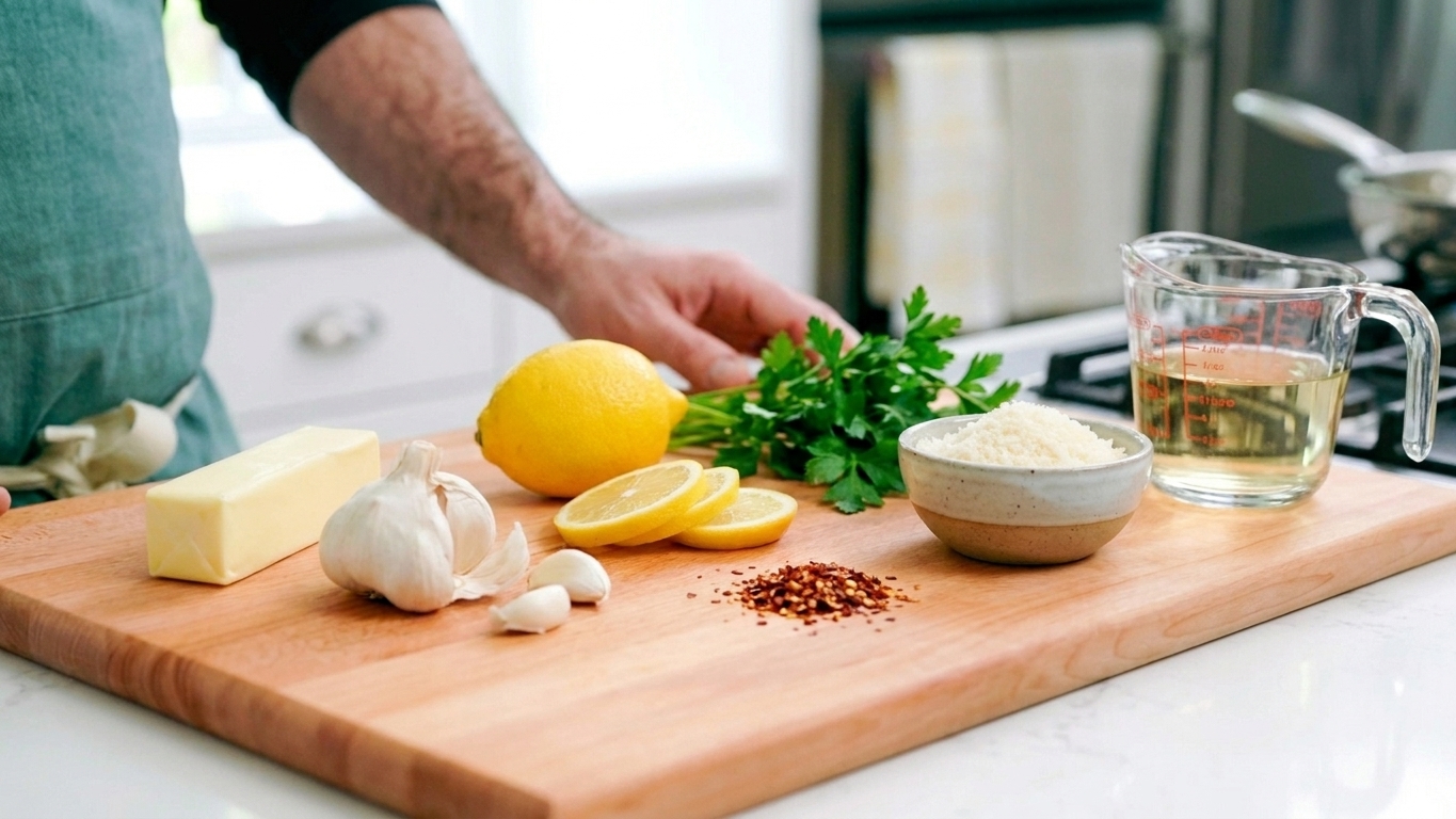 A wooden cutting board on a kitchen counter holding butter, garlic, lemon, parsley, red pepper flakes, and a small bowl of grated Parmesan next to a measuring cup of white wine