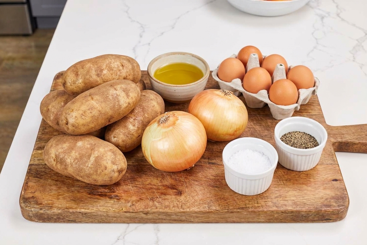 A wooden cutting board on a kitchen counter holding russet potatoes, yellow onions, eggs, a bowl of oil, and small ramekins of salt and pepper