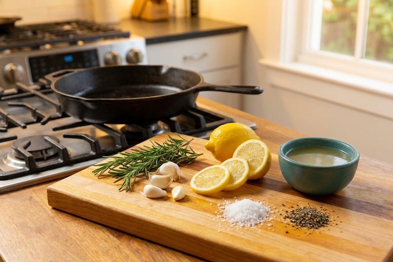 A wooden cutting board on a kitchen counter holding fresh rosemary, garlic cloves, a lemon, kosher salt, black pepper, and a small bowl of chicken broth with a skillet nearby