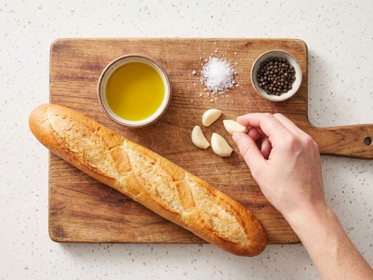 A wooden cutting board on a kitchen counter with a baguette, a small bowl of olive oil, peeled garlic cloves, flaky salt, and black pepper ready for crostini