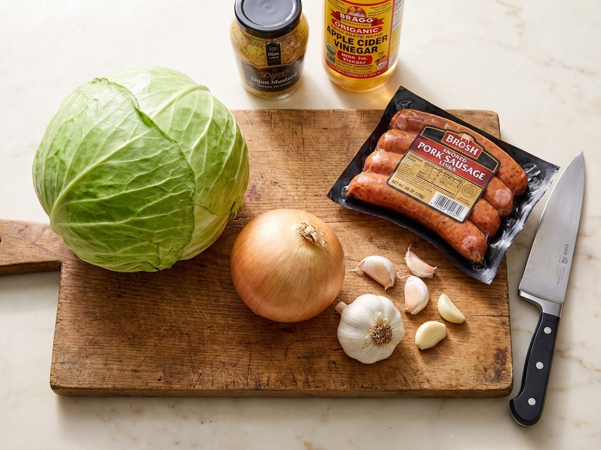A wooden cutting board on a kitchen counter with a head of green cabbage, a yellow onion, garlic cloves, Dijon mustard, apple cider vinegar, and a package of smoked sausage