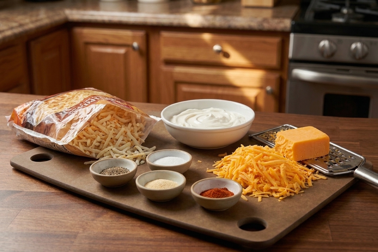 A wooden cutting board on a kitchen counter with a bag of frozen shredded hash browns, a bowl of sour cream, shredded cheddar cheese, and small bowls of seasonings ready for mixing