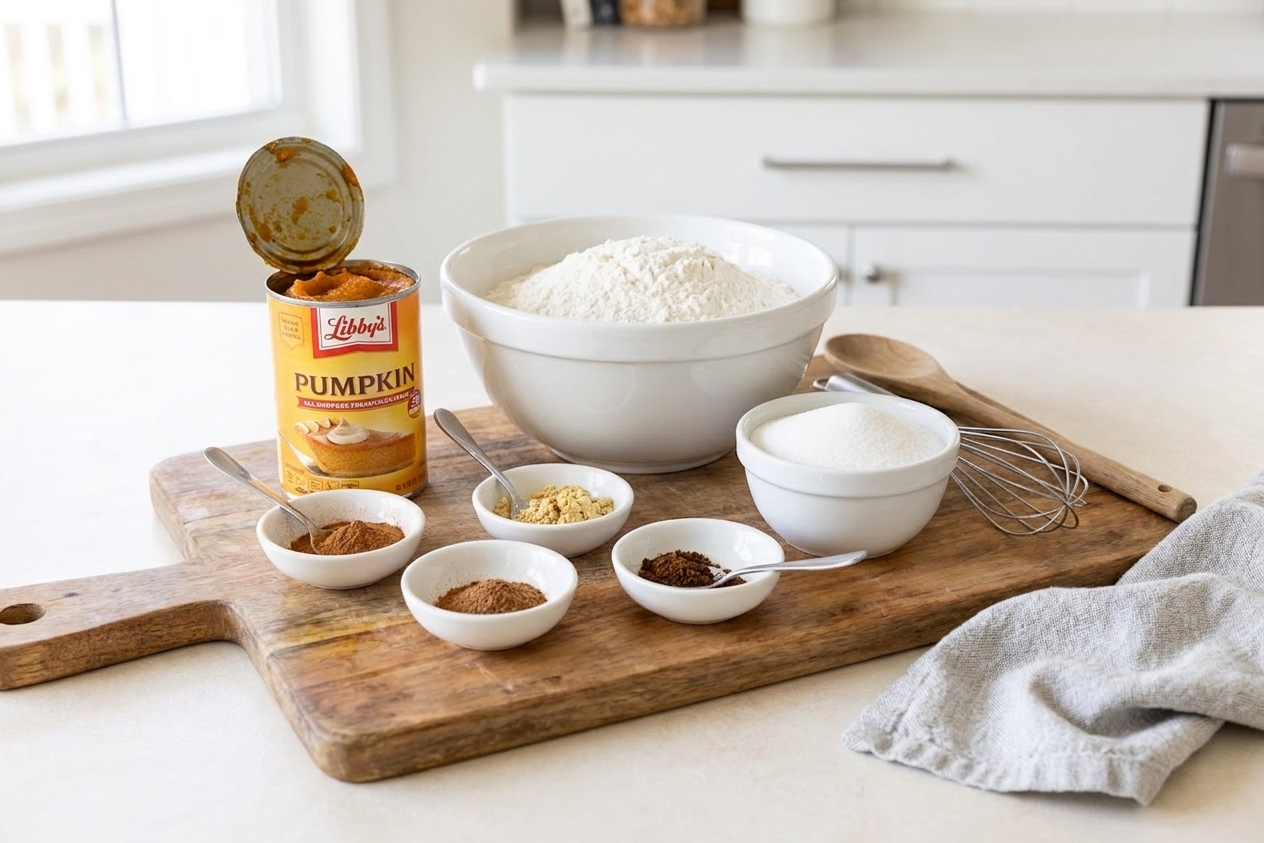 A wooden cutting board on a kitchen counter with a can of pumpkin puree, bowls of flour and sugar, and small bowls of cinnamon, ginger, nutmeg, and cloves