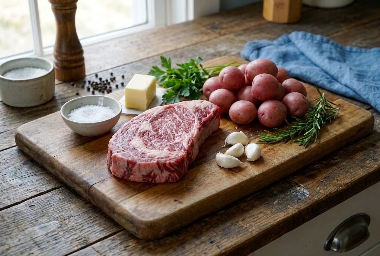A wooden cutting board on a kitchen counter with baby potatoes, garlic cloves, fresh rosemary, fresh parsley, butter, kosher salt, black pepper, and a raw ribeye steak ready for prep