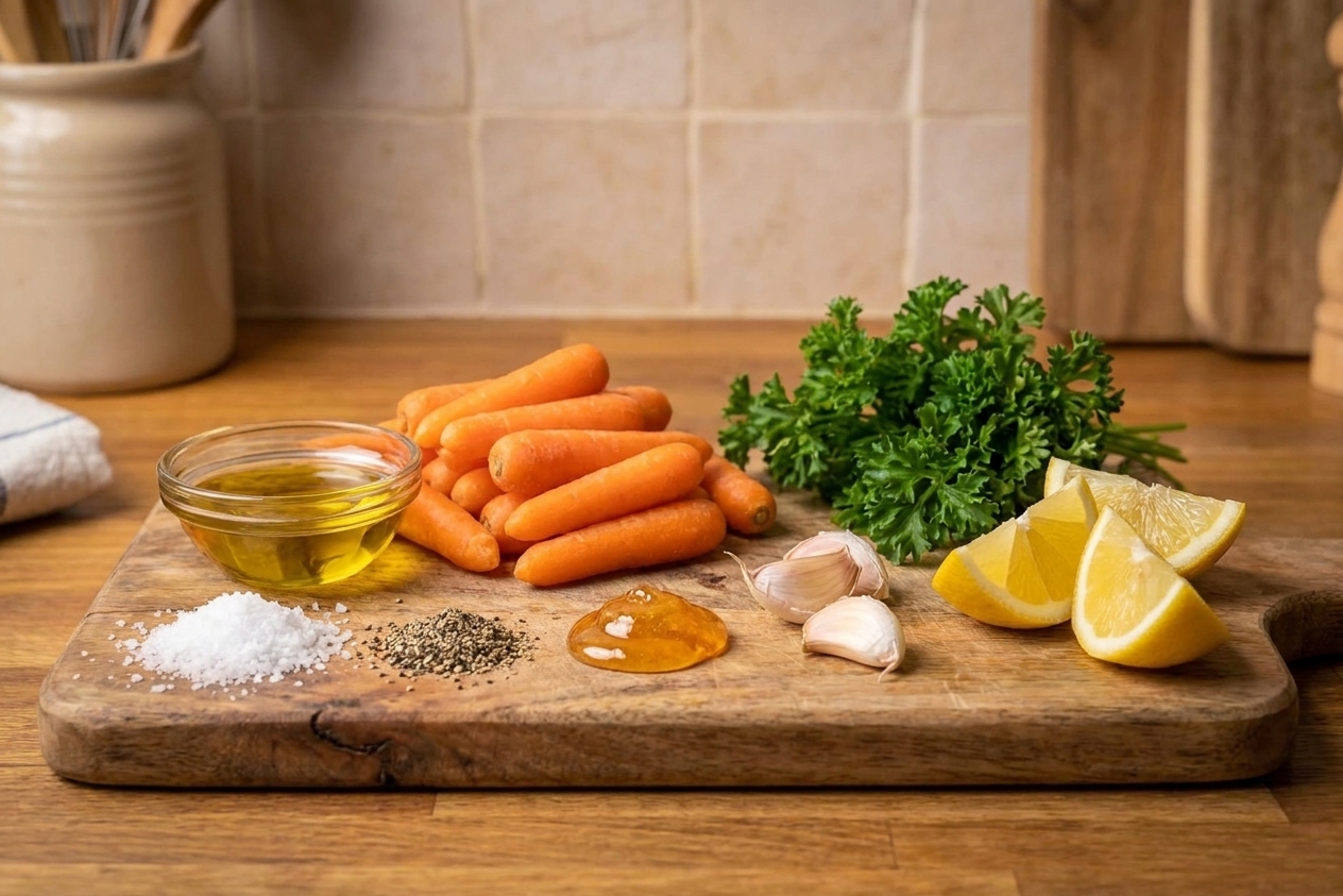 A wooden cutting board on a kitchen counter with baby carrots, a small bowl of olive oil, kosher salt, black pepper, honey, garlic, lemon, and a bunch of parsley arranged for cooking