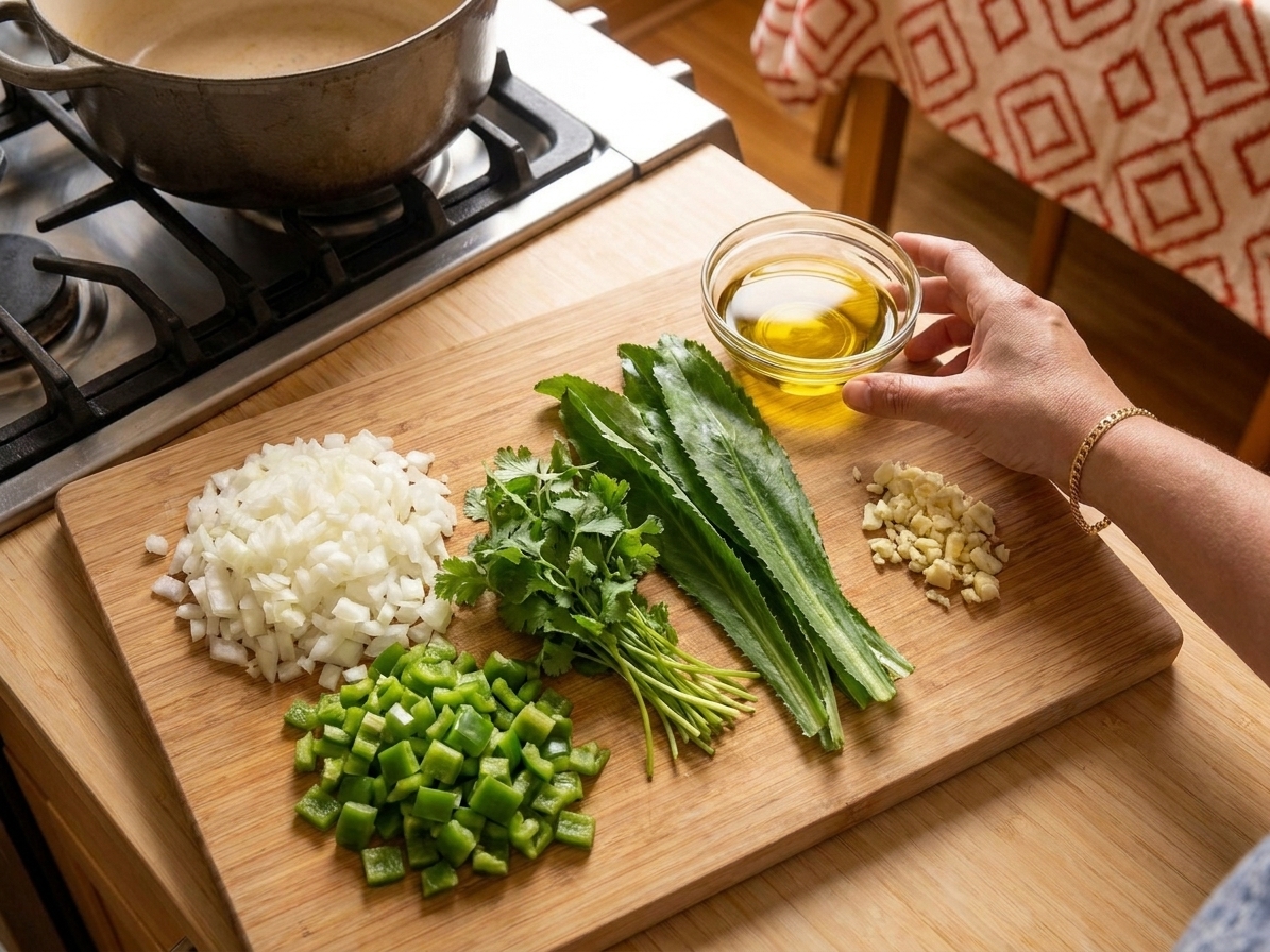 A wooden cutting board on a kitchen counter with chopped onion, green bell pepper, cilantro, garlic, and culantro laid out next to a small bowl of olive oil