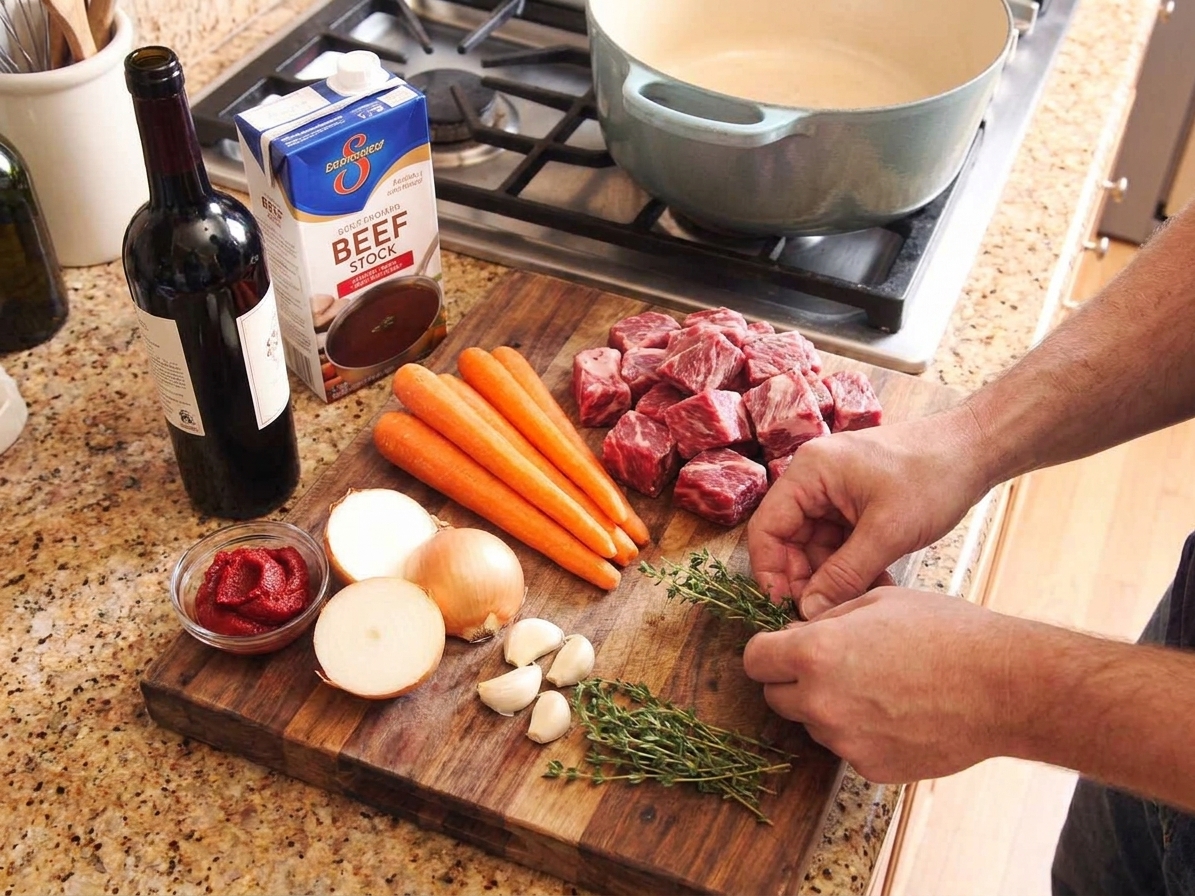 A wooden cutting board on a kitchen counter with chuck roast, carrots, onion, garlic, thyme, tomato paste, red wine, and beef stock arranged for braising
