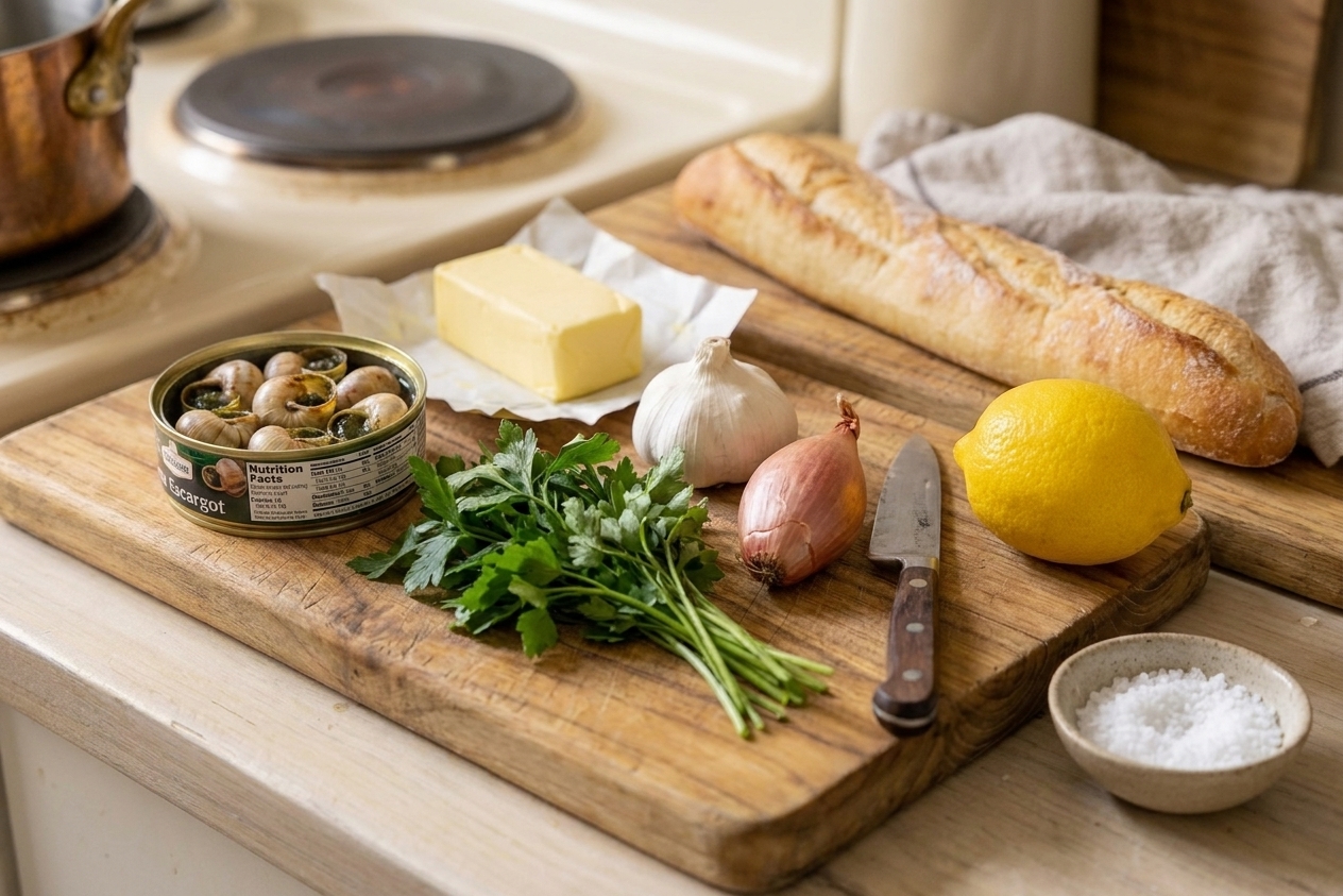 A wooden cutting board on a kitchen counter with canned escargot, butter, parsley, garlic, shallot, lemon, and a baguette laid out for cooking