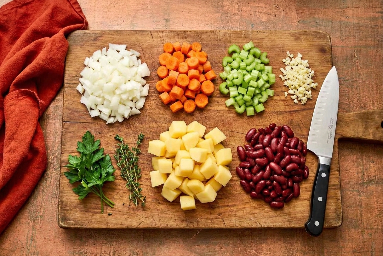 A wooden cutting board on a kitchen counter with chopped onions, carrots, celery, garlic, diced potatoes, canned beans, and herbs prepped for vegetable soup