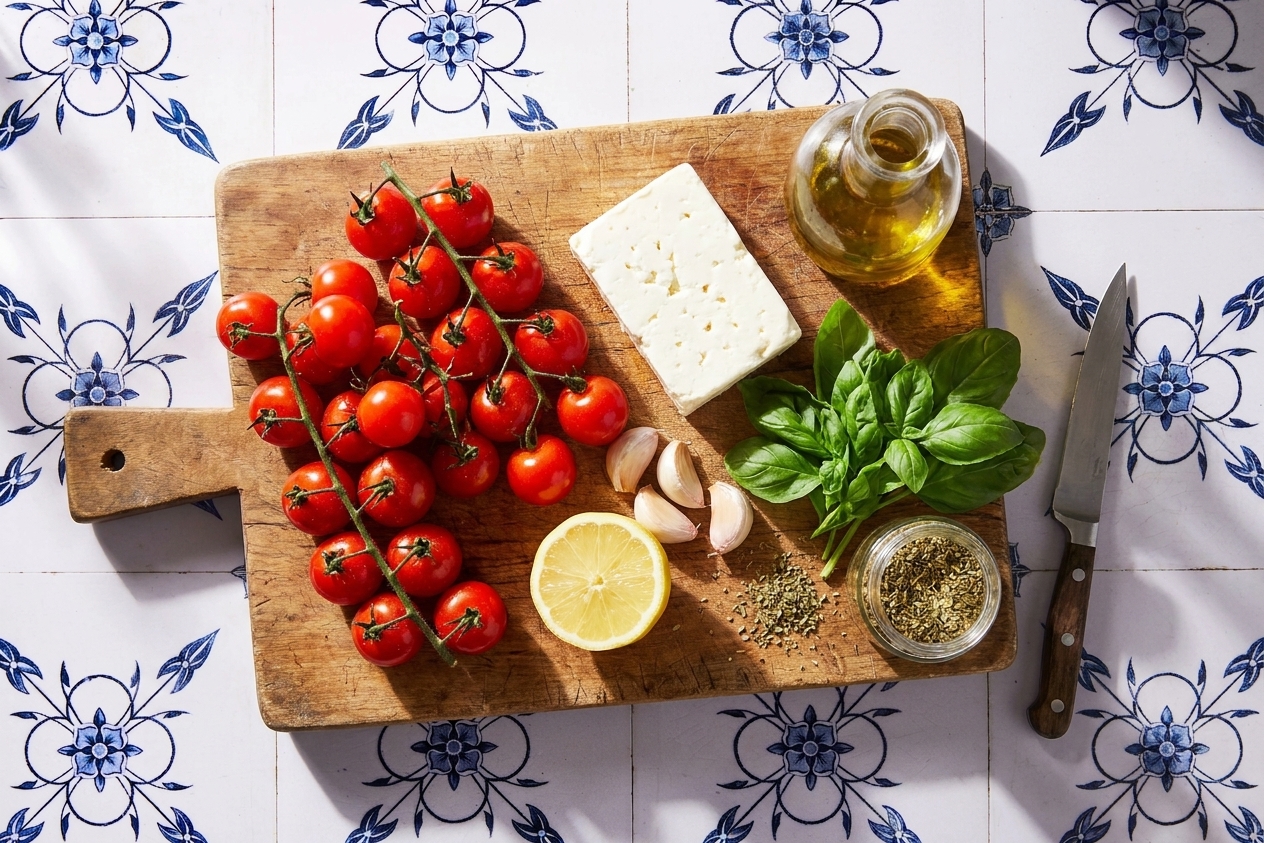 A wooden cutting board on a kitchen counter with cherry tomatoes, a block of feta, garlic, olive oil, lemon, basil, and dried oregano arranged for cooking