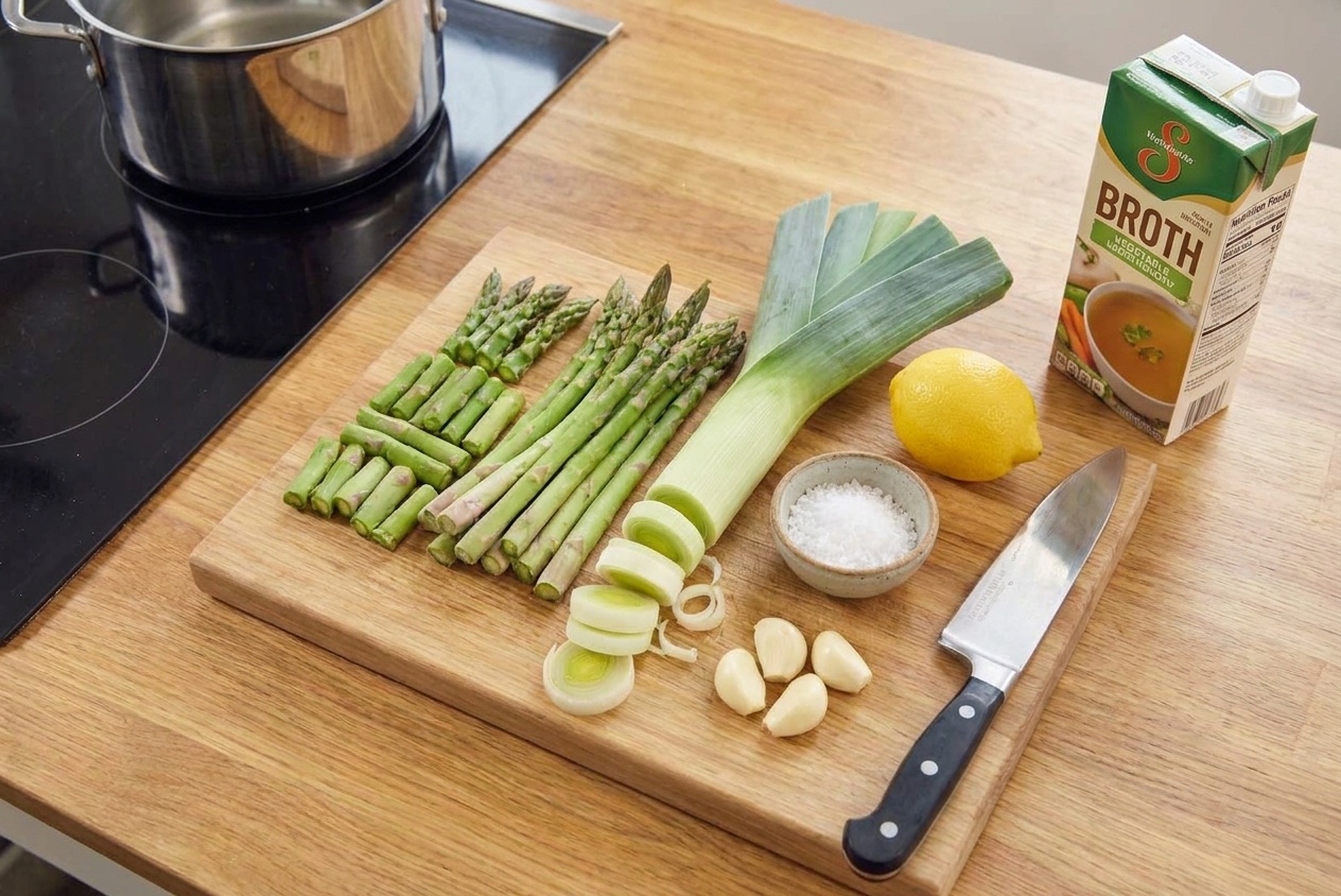 A wooden cutting board on a kitchen counter with fresh asparagus, a leek, garlic cloves, a lemon, a small bowl of salt, and a carton of broth ready for soup prep