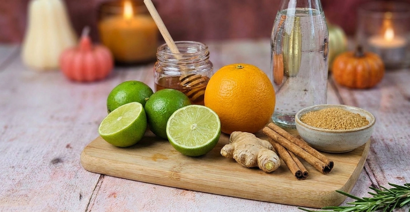 A wooden cutting board on a kitchen counter with fresh limes, an orange, ginger root, honey, cinnamon, sparkling water, and a small bowl of sugar
