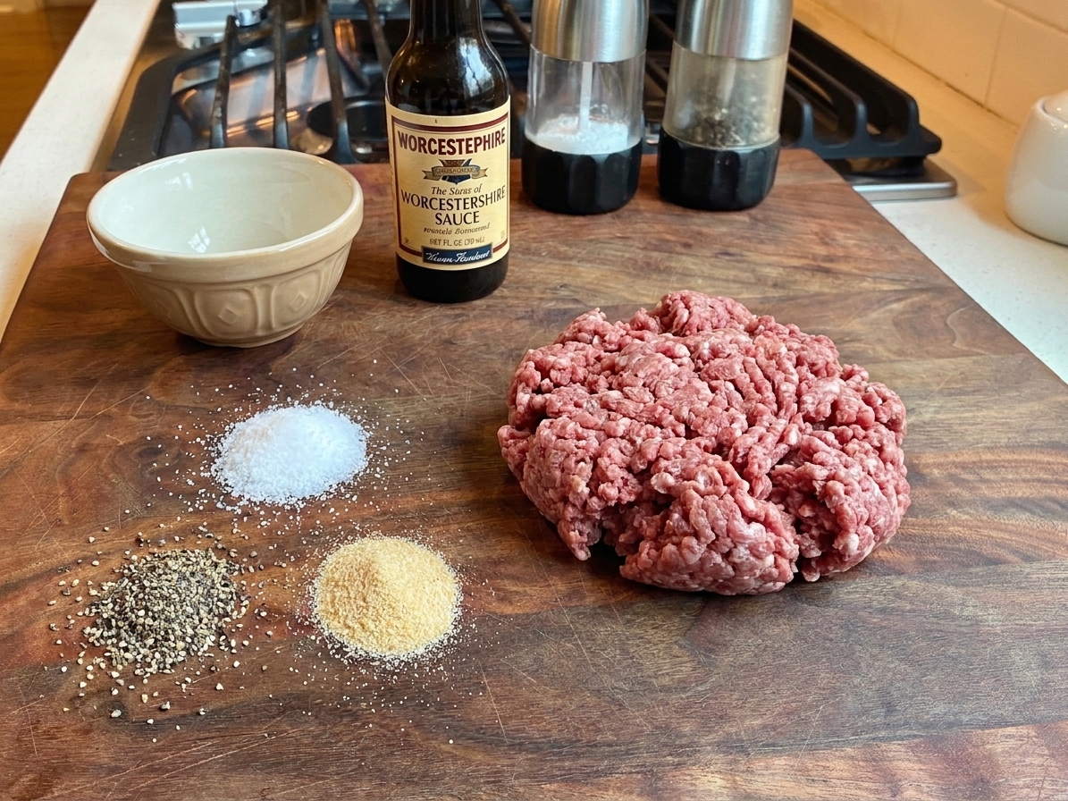 A wooden cutting board on a kitchen counter with ground beef, salt, pepper, garlic powder, Worcestershire sauce, and a small bowl for mixing