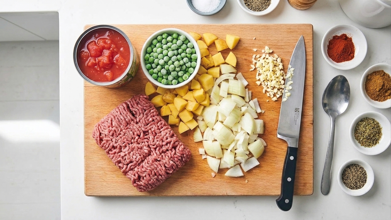 A wooden cutting board on a kitchen counter with ground beef, diced potatoes, onion, garlic, canned tomatoes, peas, and small bowls of spices arranged for cooking picadillo