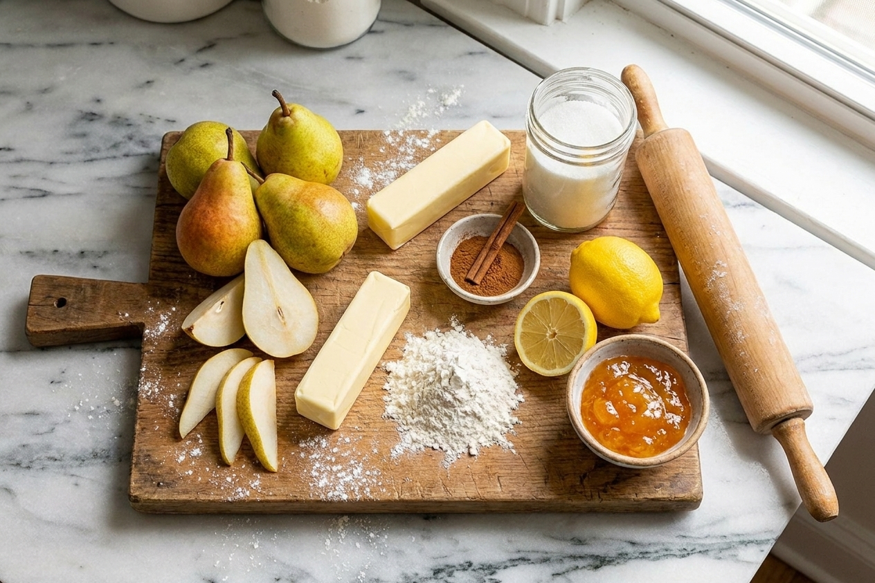 A wooden cutting board on a kitchen counter with pears, butter, flour, sugar, cinnamon, lemon, and a small bowl of jam laid out ready for baking