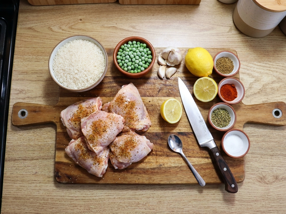 A wooden cutting board on a kitchen counter with raw chicken thighs, a bowl of uncooked rice, frozen peas in a small bowl, lemon, garlic, and spices laid out for cooking