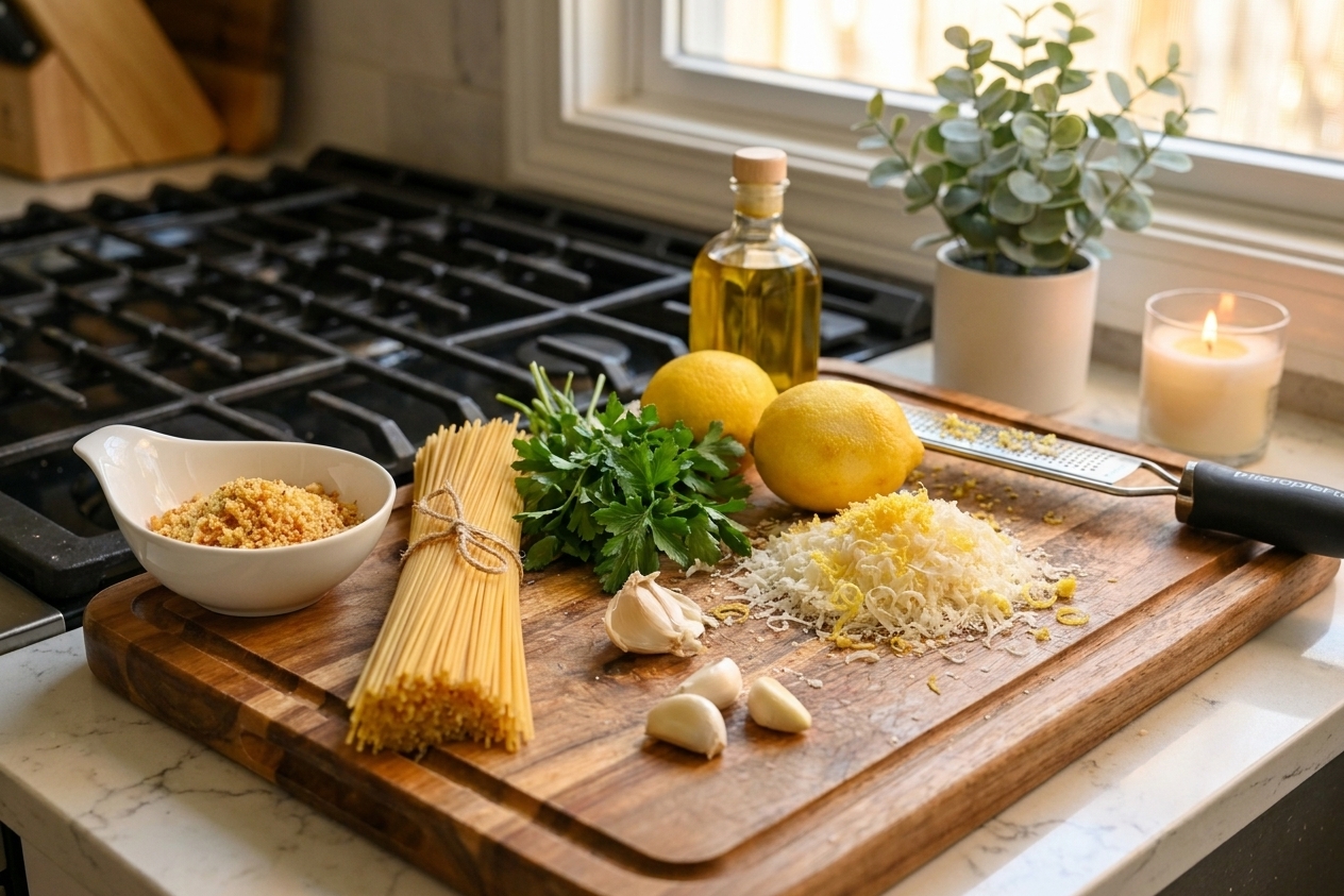A wooden cutting board on a kitchen counter with spaghetti, lemons, parsley, garlic, Parmesan, olive oil, and a small bowl of breadcrumbs arranged neatly in warm natural light
