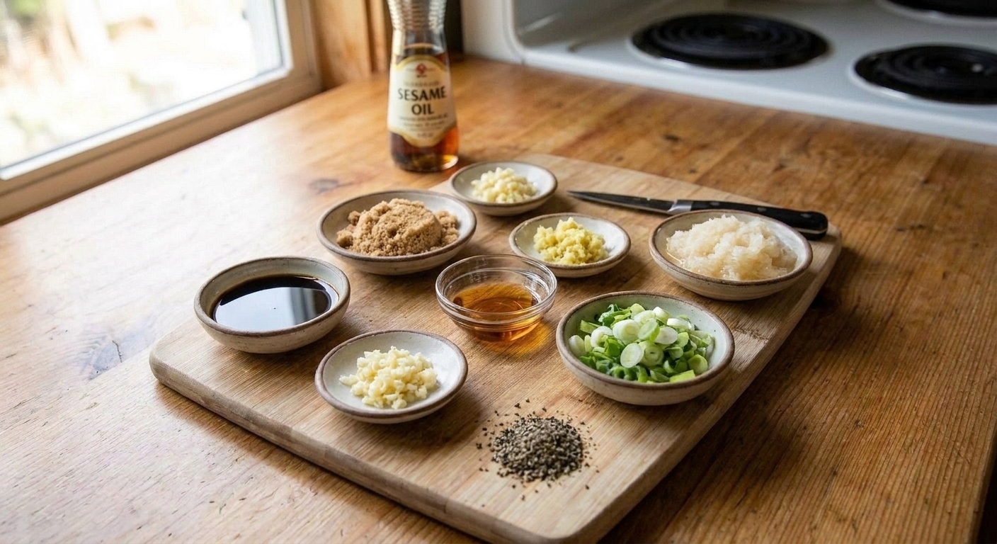 A wooden cutting board on a kitchen counter with soy sauce, brown sugar, garlic, ginger, sesame oil, sliced scallions, grated Asian pear, and black pepper measured out for marinade