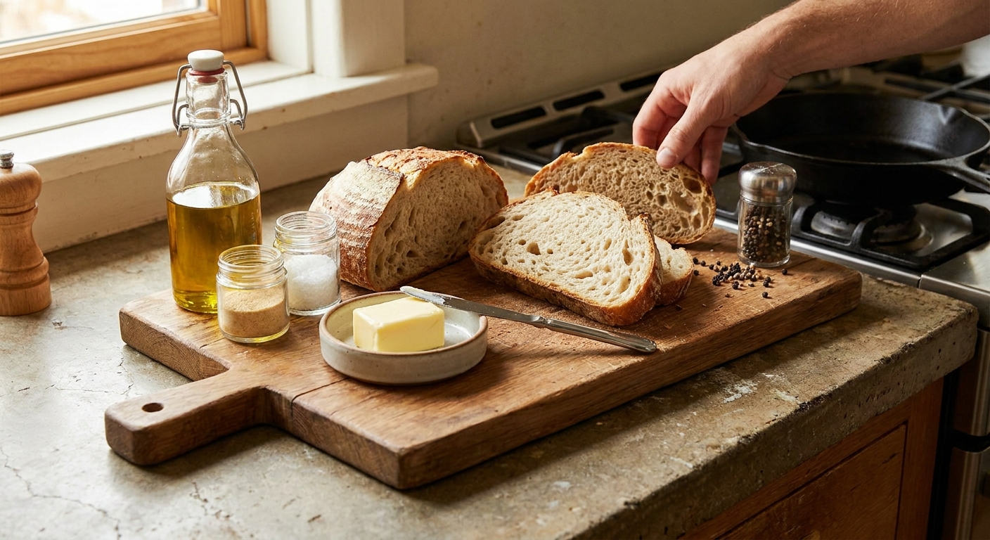 A wooden cutting board on a kitchen counter with sliced bread, butter, olive oil, garlic powder, flaky salt, and black pepper arranged neatly