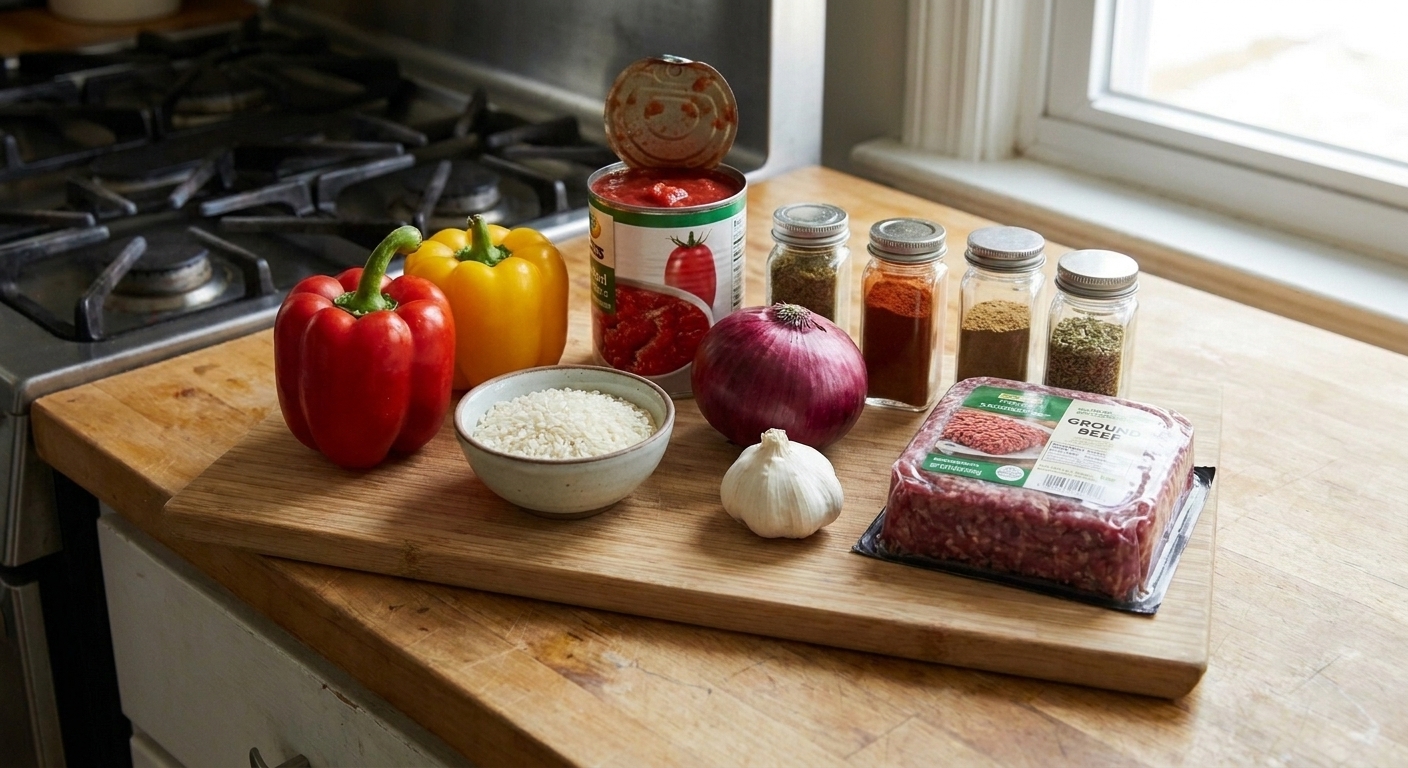 A wooden cutting board on a kitchen counter with whole bell peppers, a bowl of uncooked rice, a can of crushed tomatoes, onion, garlic, spices, and a package of ground beef arranged for cooking