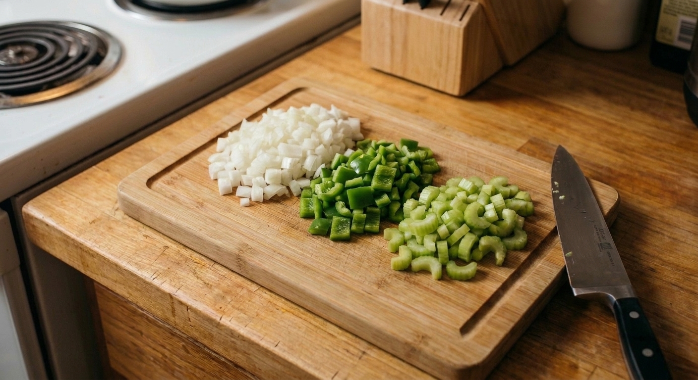 A wooden cutting board on a warm-toned kitchen counter with neatly chopped onion, green bell pepper, and celery ready for cooking