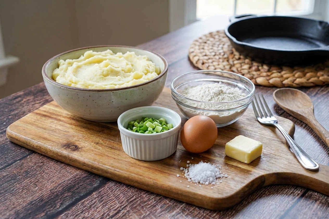 A wooden cutting board with a bowl of mashed potatoes, a small bowl of flour, sliced scallions, an egg, butter, and salt ready for making potato cakes on a kitchen counter