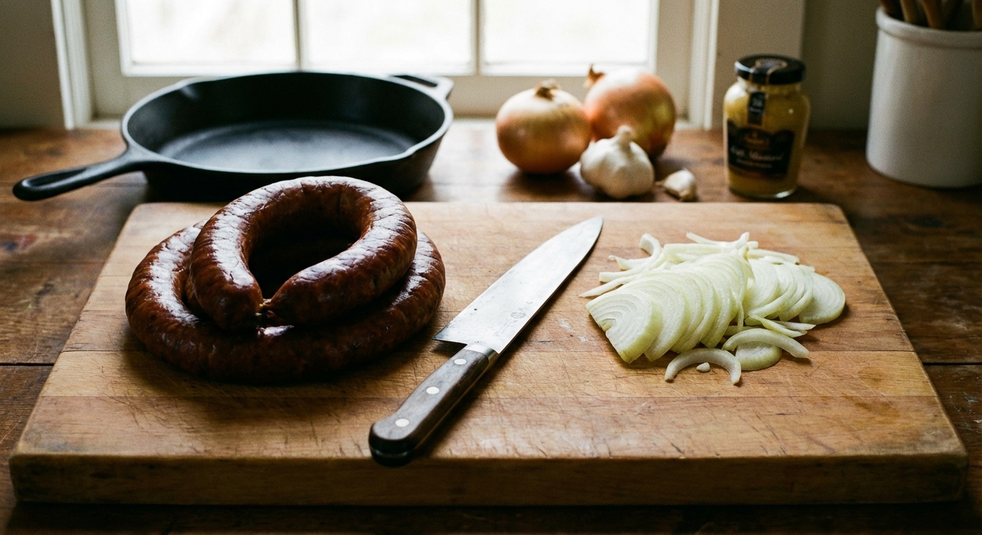 A wooden cutting board with a coil of smoked kielbasa, a knife, and sliced onion ready to cook