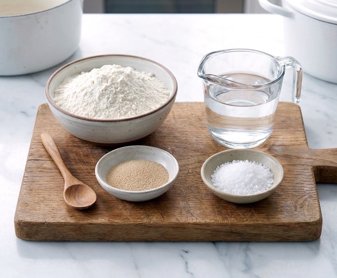 A wooden cutting board with bowls of flour, instant yeast, kosher salt, and a measuring cup of water arranged neatly on a bright kitchen counter