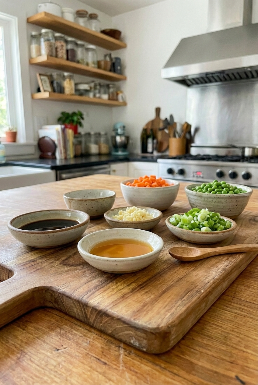 A wooden cutting board with bowls of soy sauce, sesame oil, garlic, diced carrots, peas, and chopped scallions prepped for fried rice