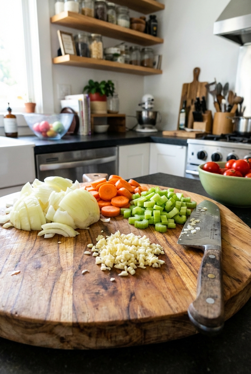 A wooden cutting board with chopped onion, sliced carrots, celery, and minced garlic ready for soup prep