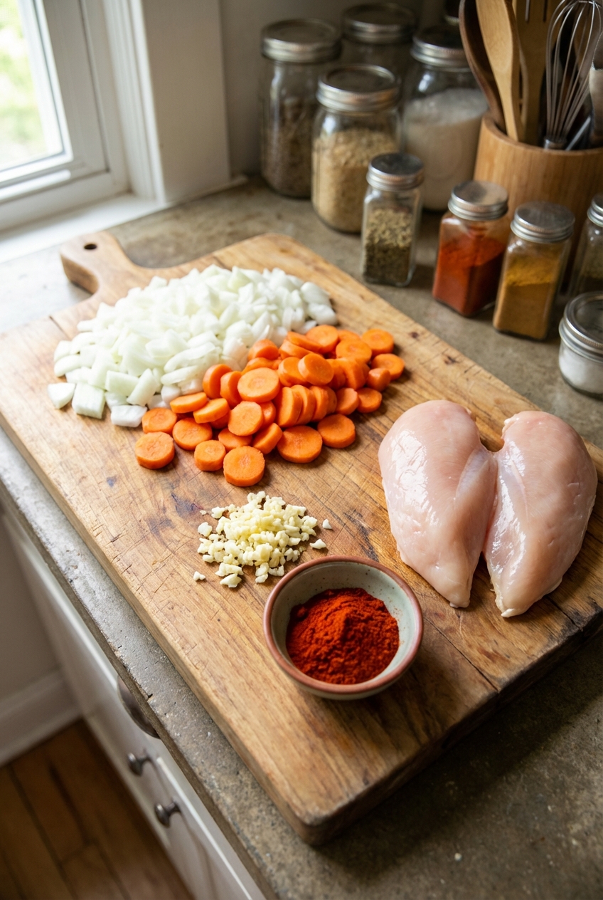 A wooden cutting board with chopped onion, sliced carrots, minced garlic, and a small bowl of smoked paprika next to raw chicken