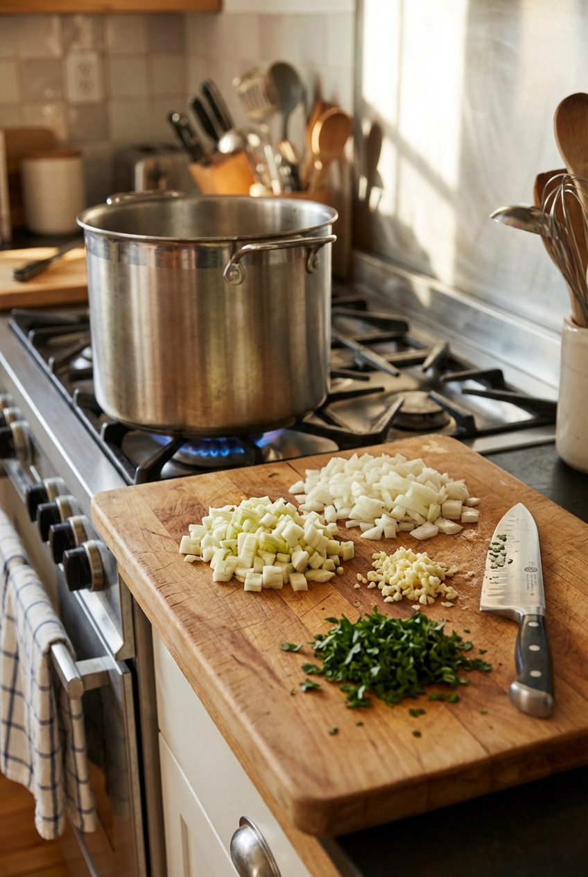 A wooden cutting board with chopped onions, fennel, garlic, and fresh parsley next to a pot on the stove