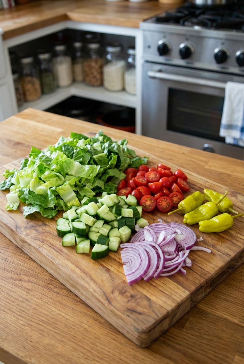 A wooden cutting board with chopped romaine, diced cucumber, halved cherry tomatoes, sliced red onion, and pepperoncini ready to be mixed