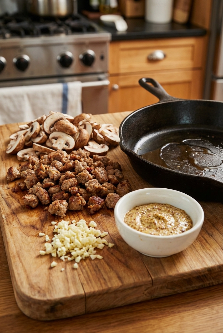 A wooden cutting board with crumbled cooked sausage, sliced mushrooms, minced garlic, and a small bowl of Dijon mustard beside a skillet
