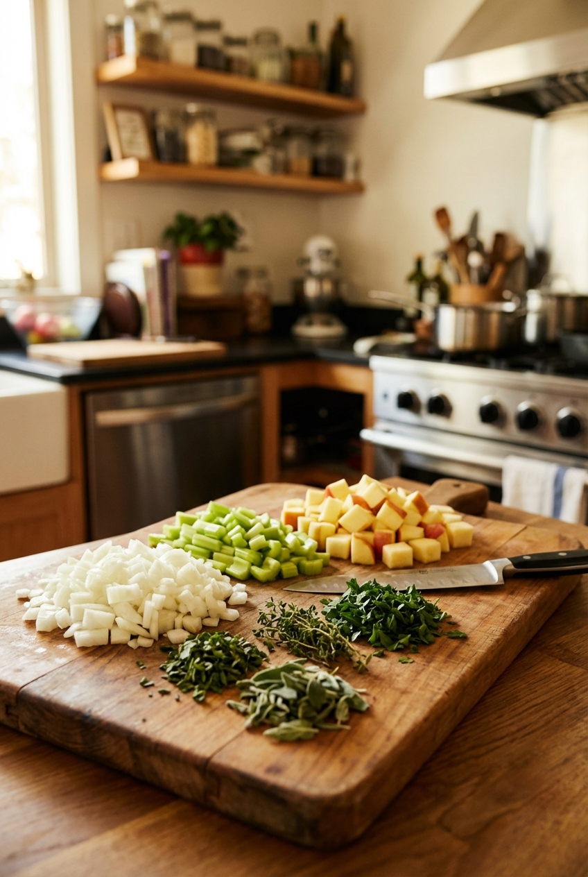 A wooden cutting board with diced onion, celery, apple, and chopped herbs prepped for stuffing