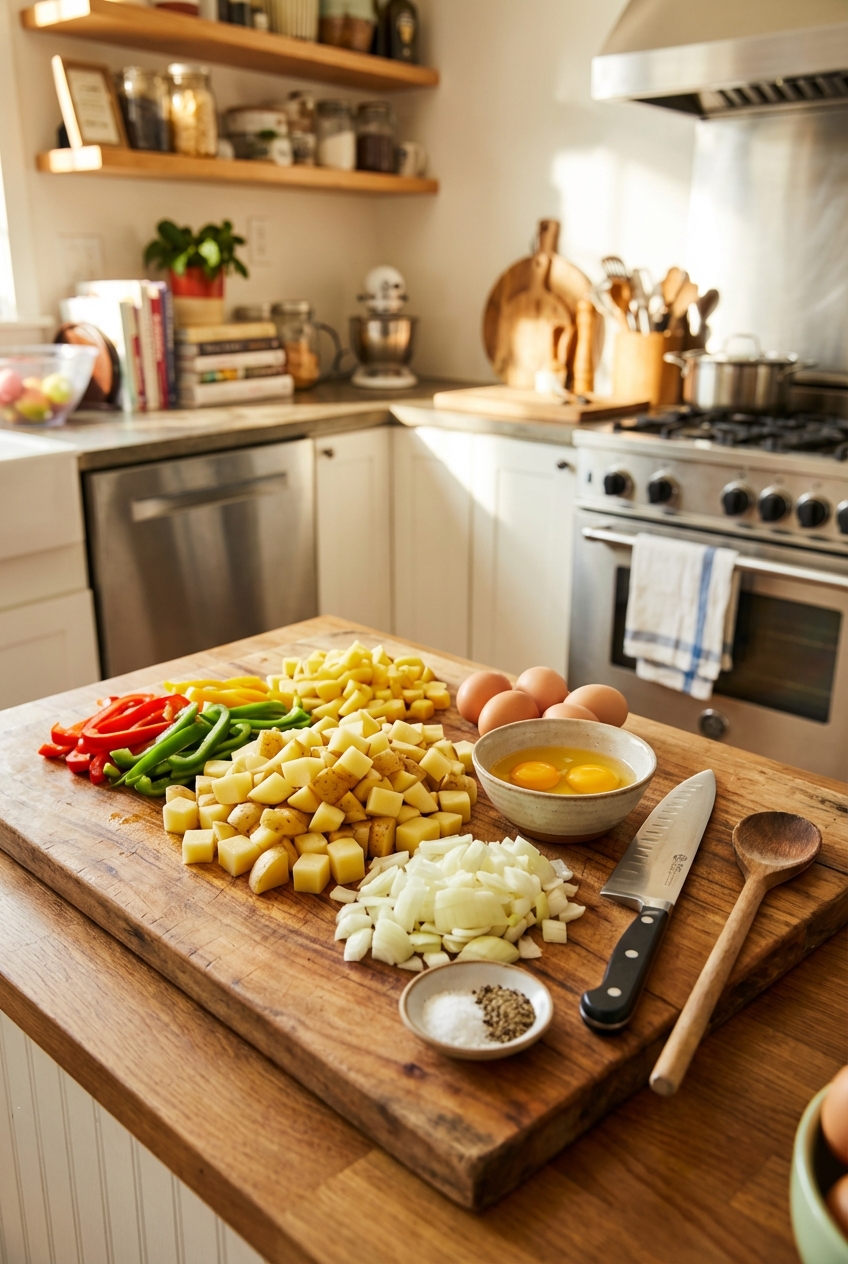A wooden cutting board with diced potatoes, sliced bell peppers, chopped onion, and cracked eggs ready for breakfast hash